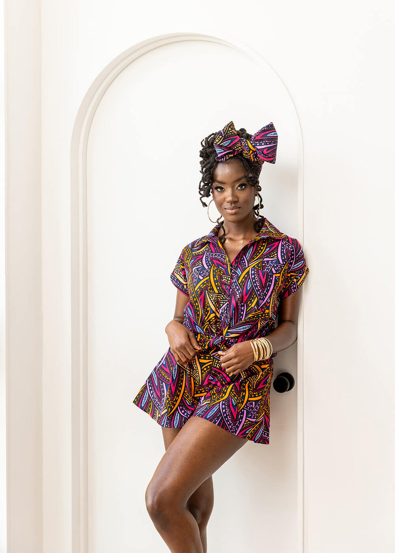 Tahiya Women's African Print Button-Down Shirt (Sunset Leaves)