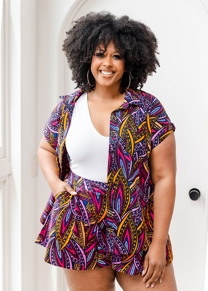 Tahiya Women's African Print Button-Down (Sunset Leaves)