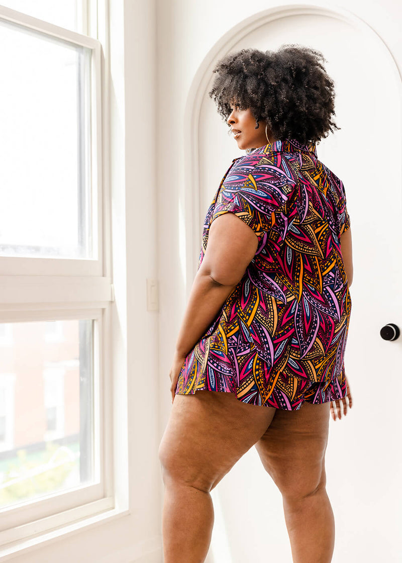 Tahiya Women's African Print Button-Down (Sunset Leaves)