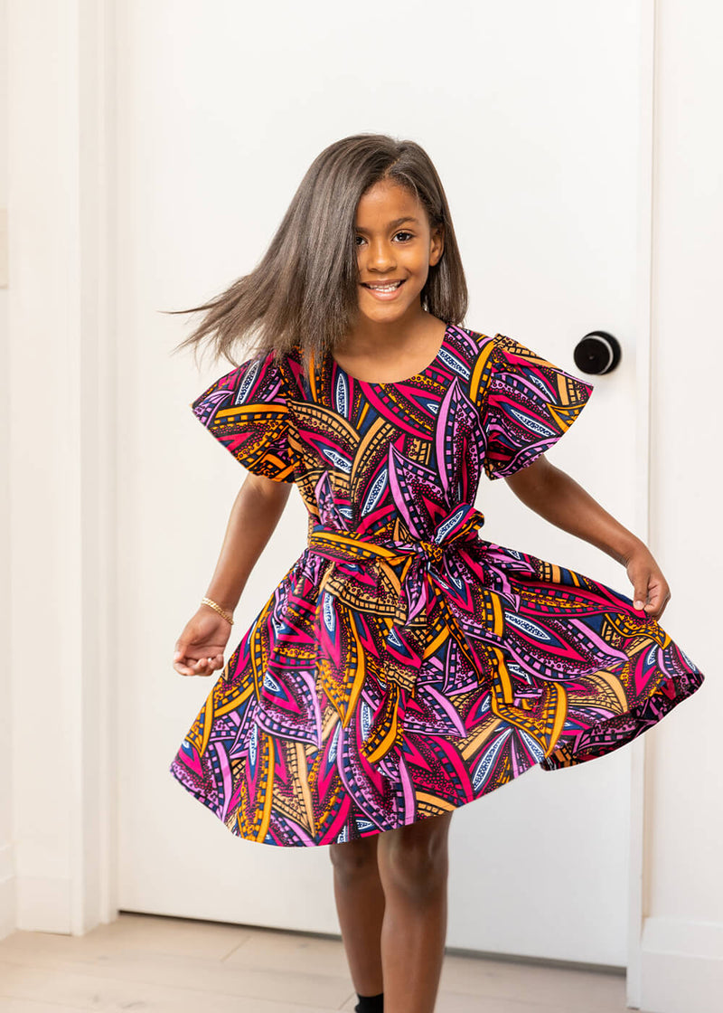 Kadija Girls' African Print Dress (Sunset Leaves)