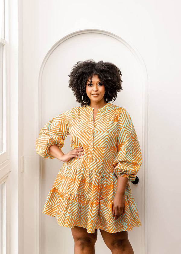 Terema Women's African Print Button-Up Dress (Orange Blue Adire)