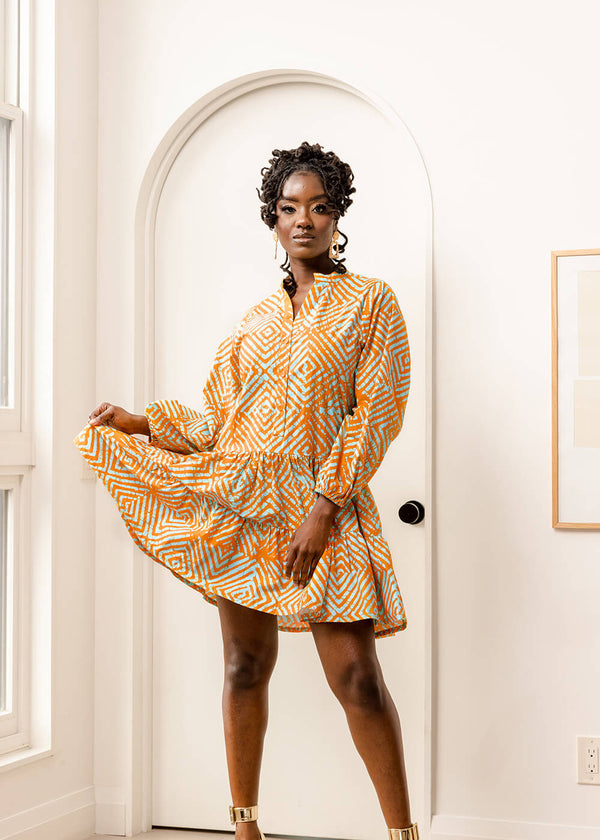 Terema Women's African Print Button-Up Dress (Orange Blue Adire)