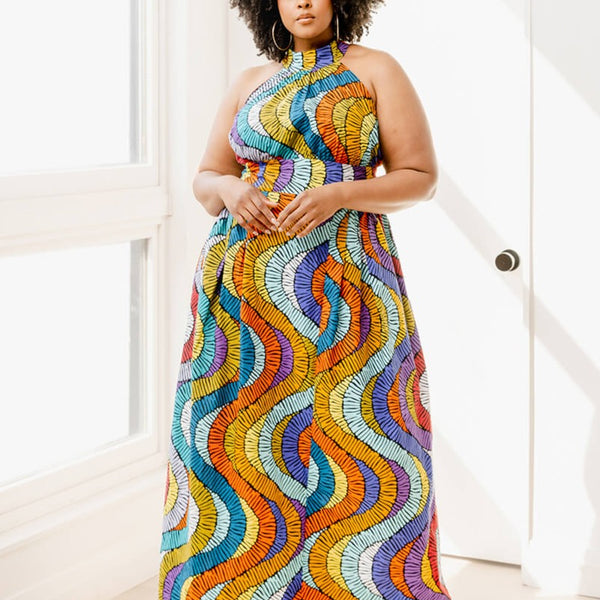 Ronke Women's African Print Maxi Dress (Abstract Lines)