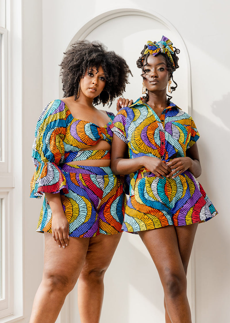 Tahiya Women's African Print Button-Down Shirt (Abstract Lines)