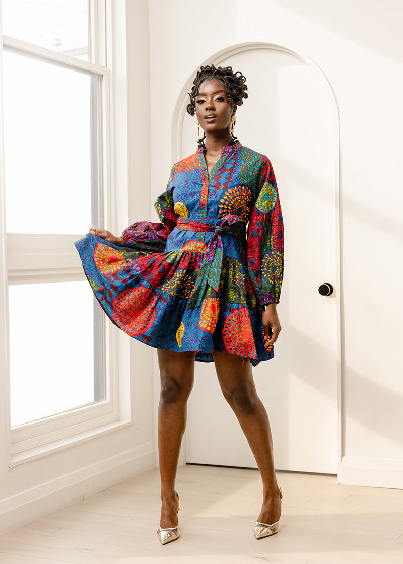 Malia Women's African Print Mini Dress (New Harvest Multipattern)