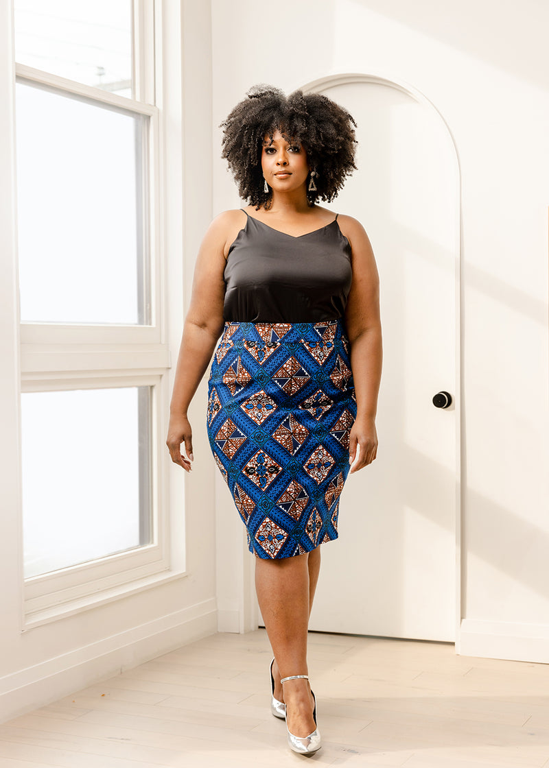 Hadiza Women's African Print Stretch Woven Pencil Skirt (Blue Tan Diamonds)