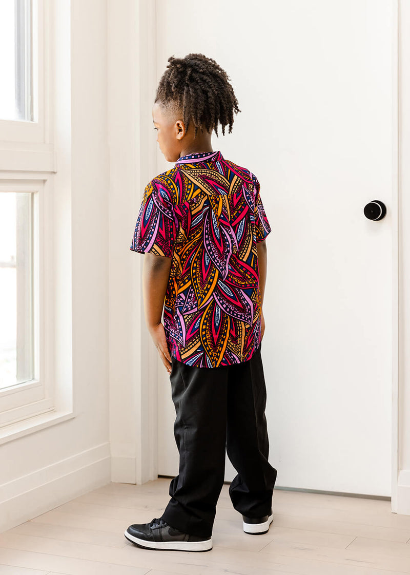 Chuks Boys' African Print Button-Up Shirt (Sunset Leaves)