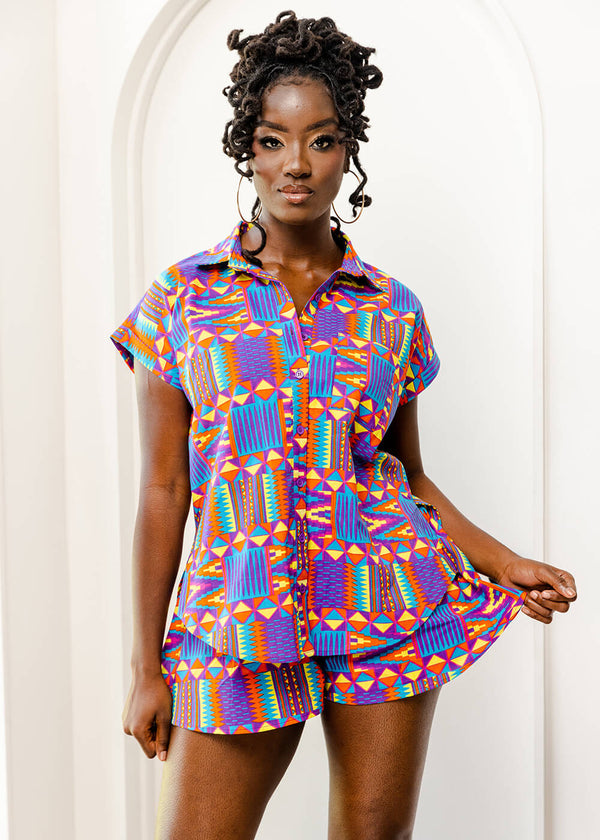 Tahiya Women's African Print Button-Down (Rainbow Kente)