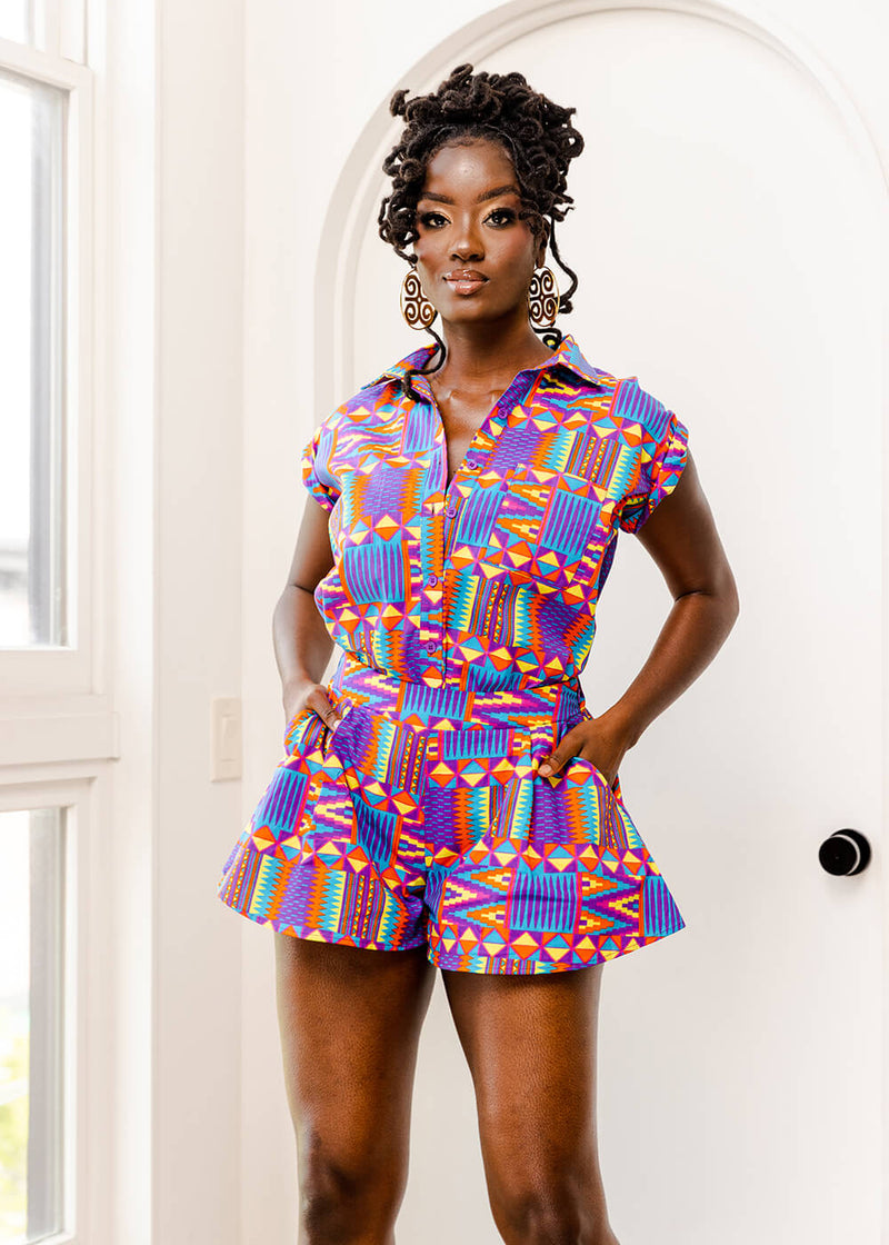 Tahiya Women's African Print Button-Down Shirt (Rainbow Kente)-Clearance