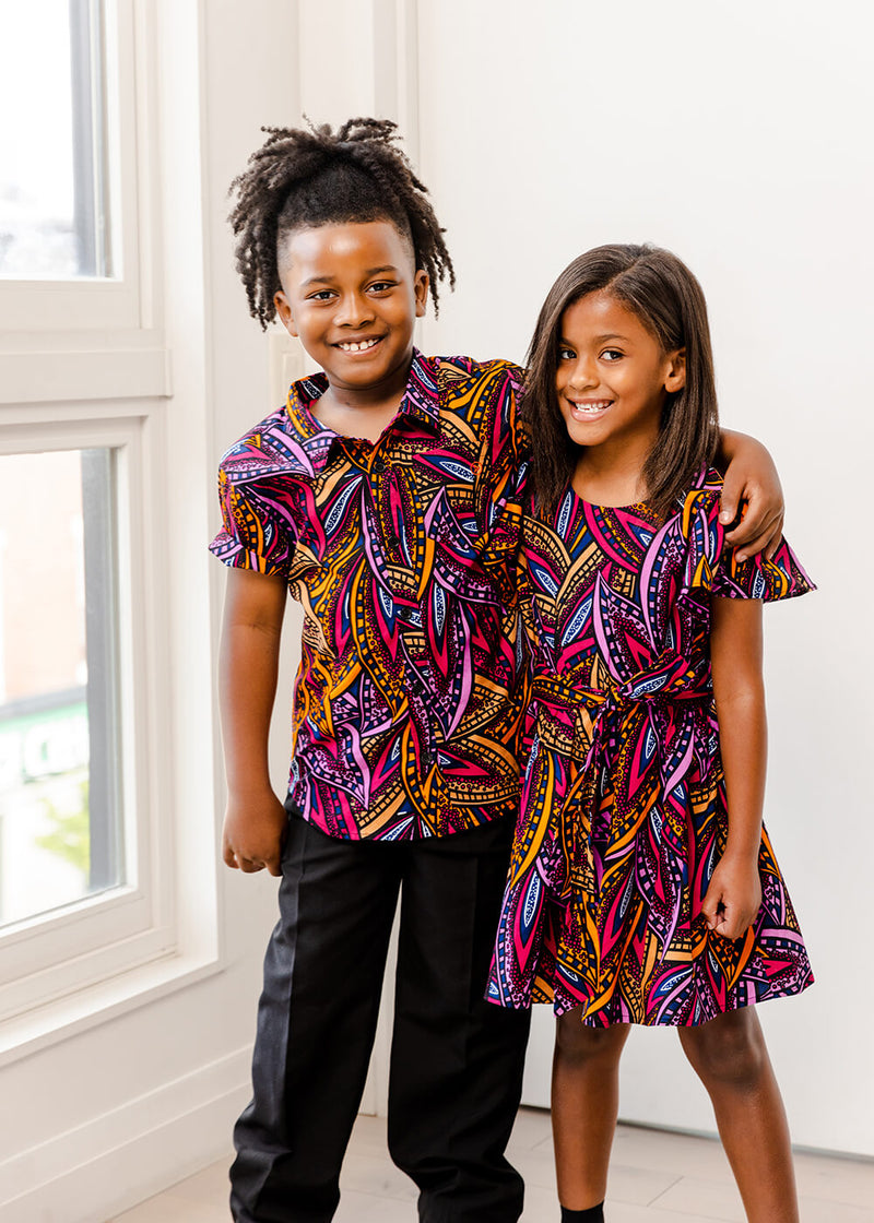 Chuks Boys' African Print Button-Up Shirt (Sunset Leaves)