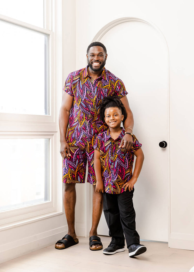Chuks Boys' African Print Button-Up Shirt (Sunset Leaves)