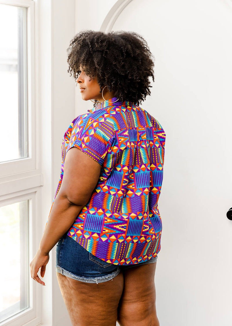Tahiya Women's African Print Button-Down (Rainbow Kente)