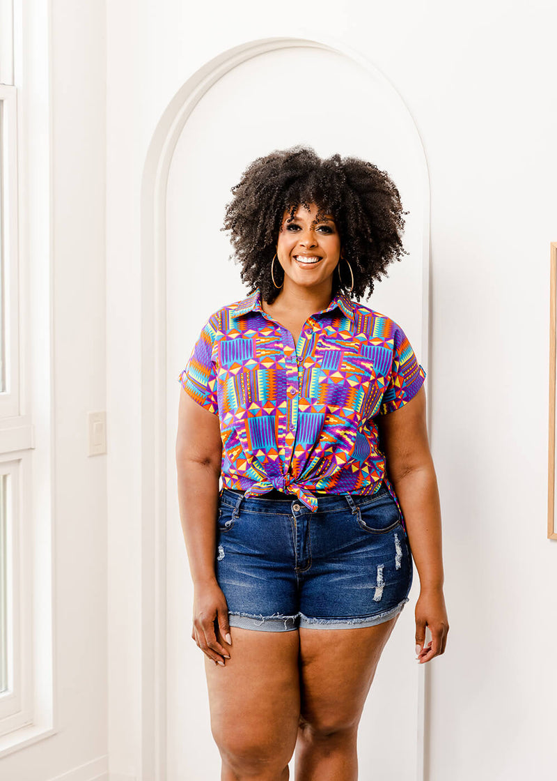 Tahiya Women's African Print Button-Down (Rainbow Kente)