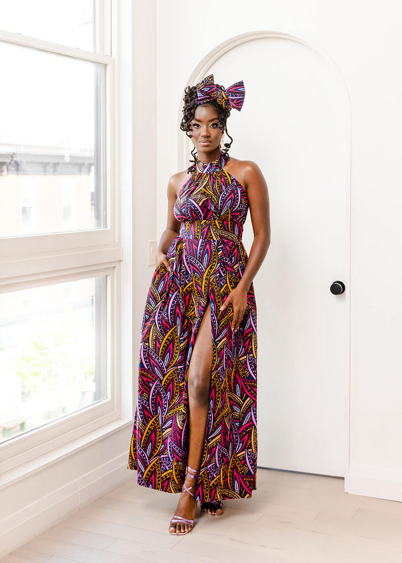 Ronke Women's African Print Maxi Dress (Sunset Leaves)