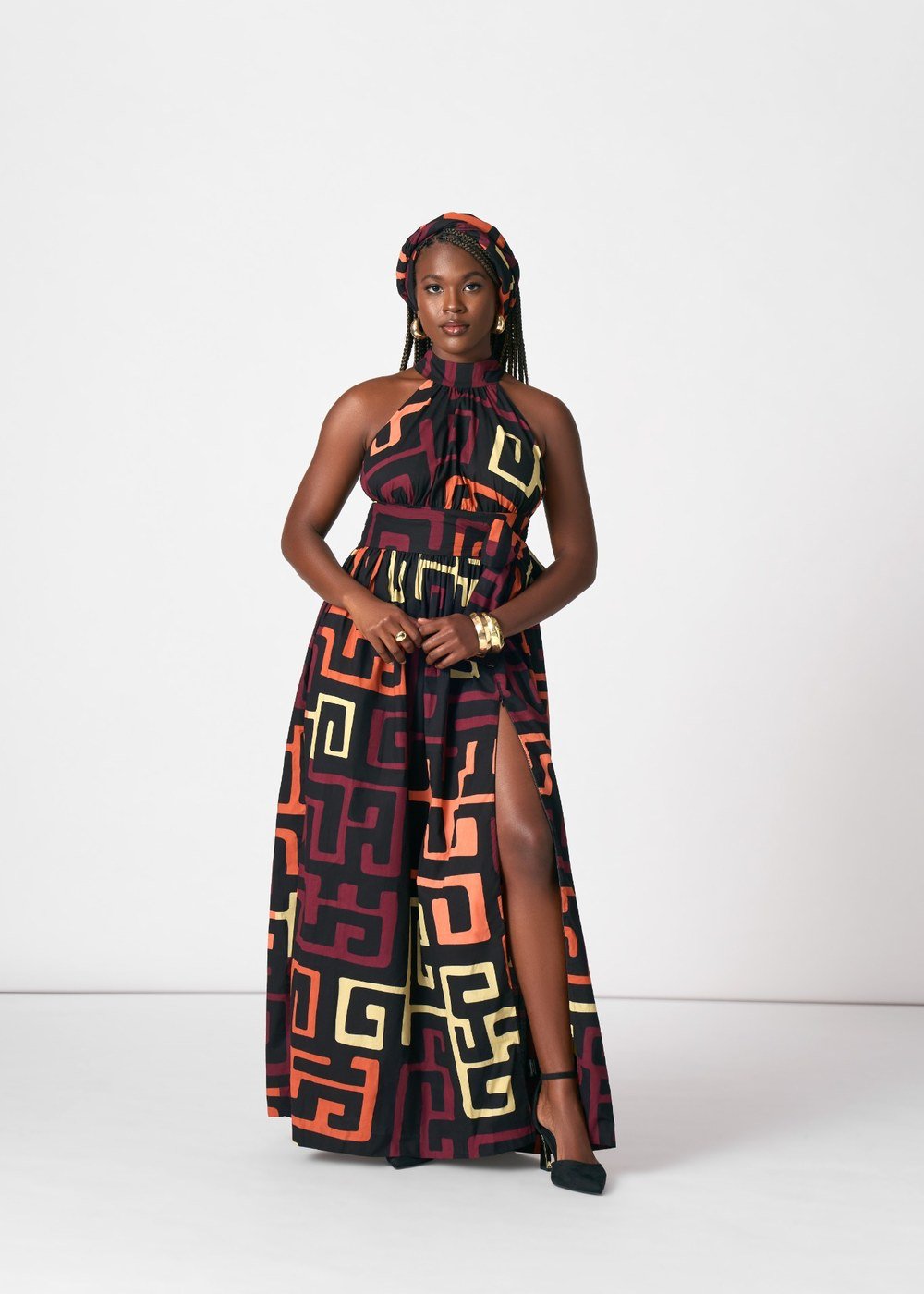 Women's African Print Head Wrap/Scarf (Neutral Kuba Geometric) - D'IYANU