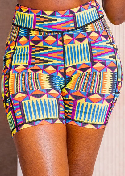Kimba Women's African Print Biker Shorts (Canary Yellow Kente)
