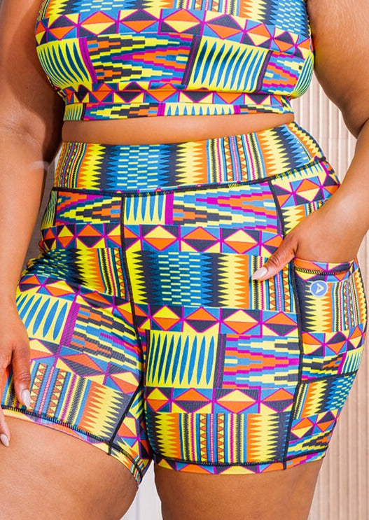 Kimba Women's African Print Biker Shorts (Canary Yellow Kente)