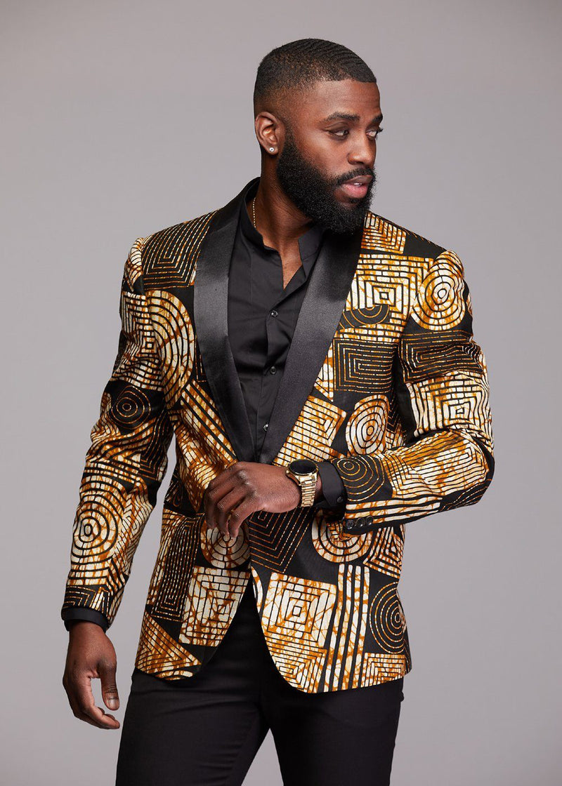 Rammy Men's African Print Blazer (Black Brown Geometric)