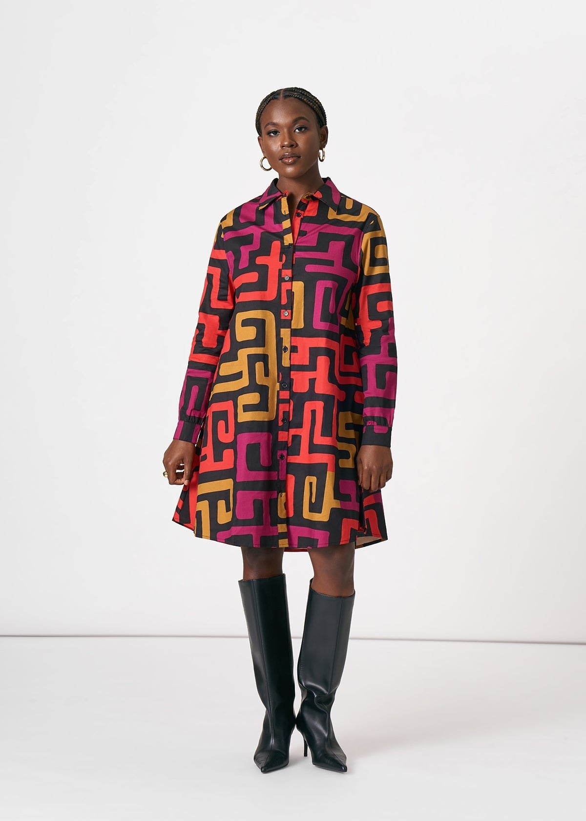 Front view of Kianga shirt dress in Black Berry Kuba with bold geometric print, button front A line, worn by model on white