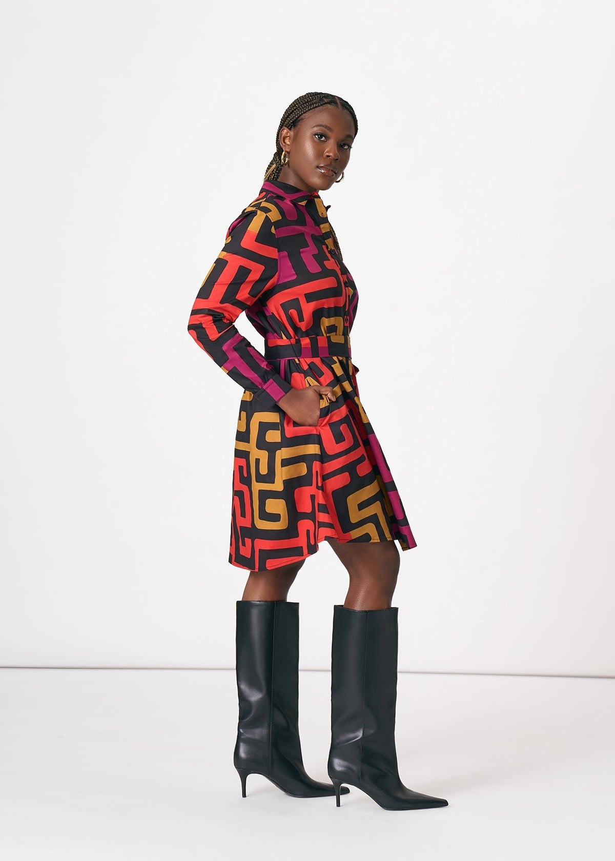 Kianga Women's African Print Shirt Dress (Black Berry Kuba) - D'IYANU