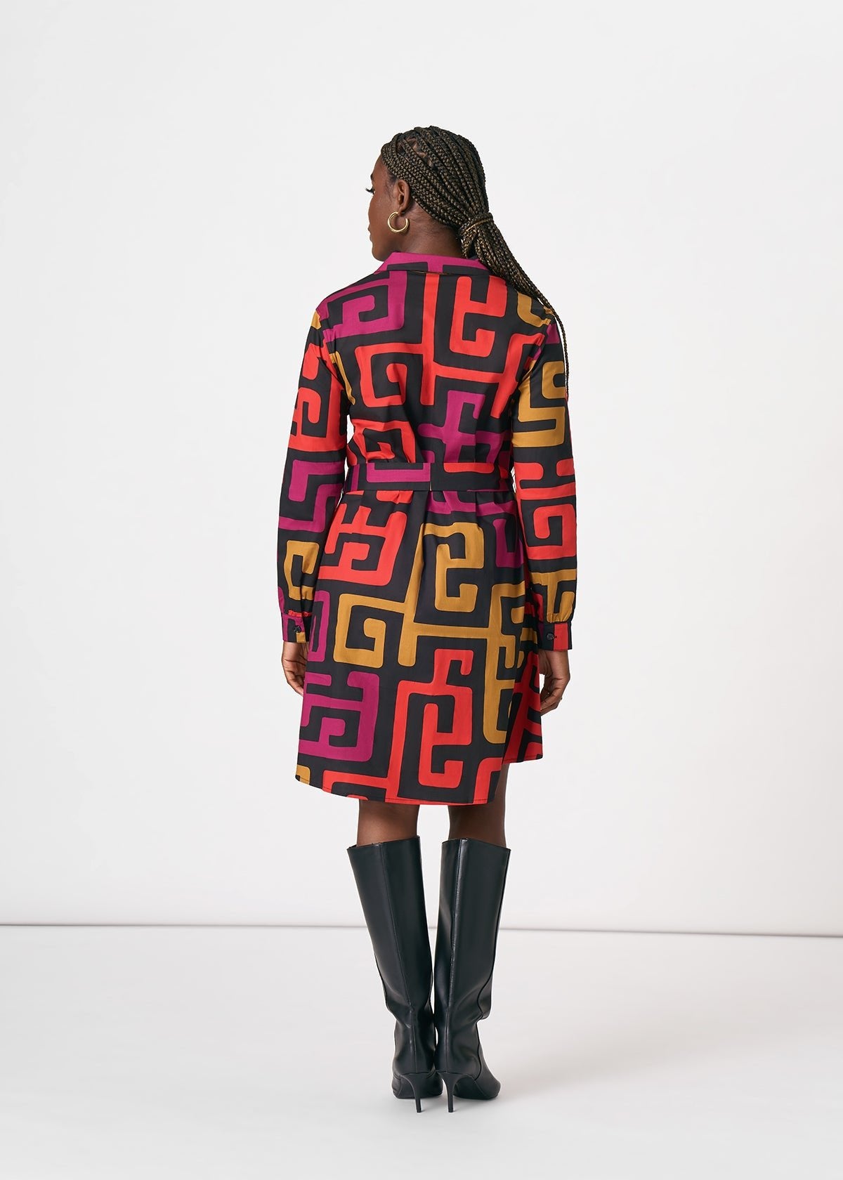 Back view of Kianga shirt dress, Black Berry Kuba, showing multicolor geometric print, belted waist on white background