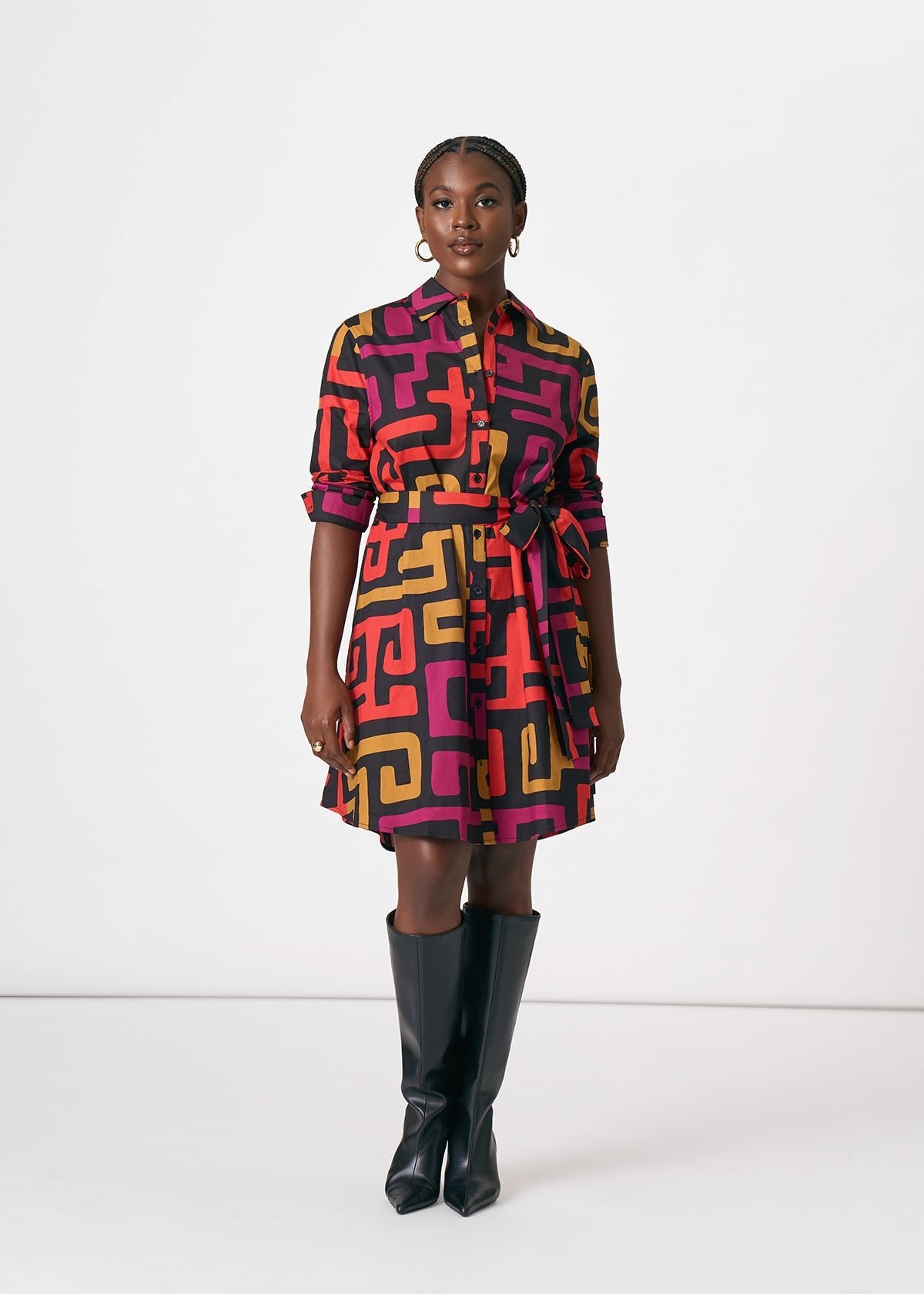 Kianga Women's African Print Shirt Dress (Black Berry Kuba) - D'IYANU