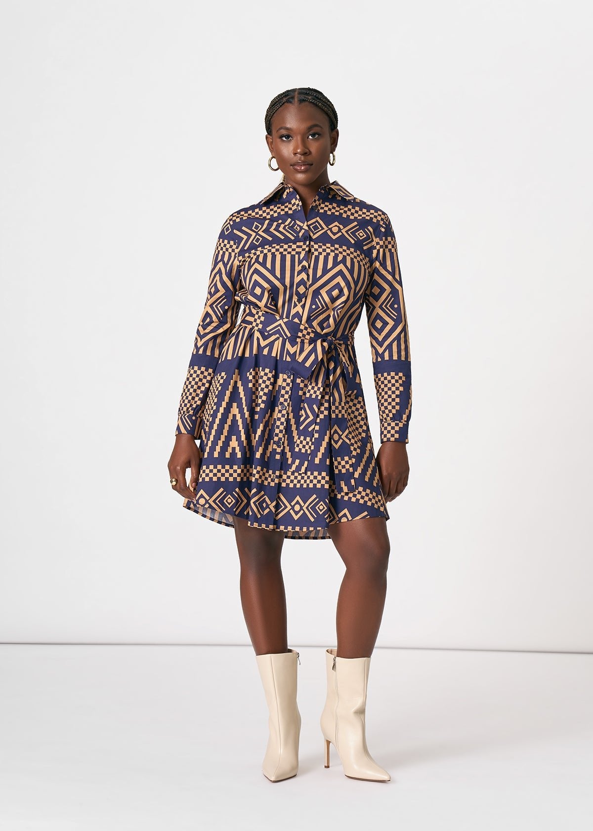 Kianga Women's African Print Shirt Dress (Navy Tan Tribal) - D'IYANU