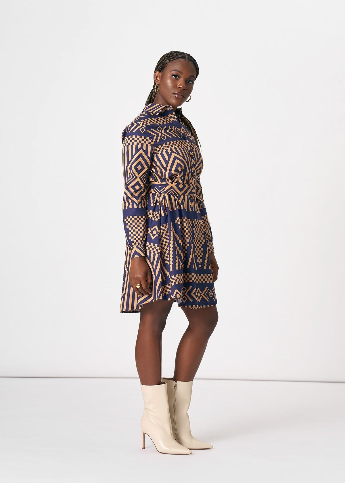 Kianga Women's African Print Shirt Dress (Navy Tan Tribal) - D'IYANU
