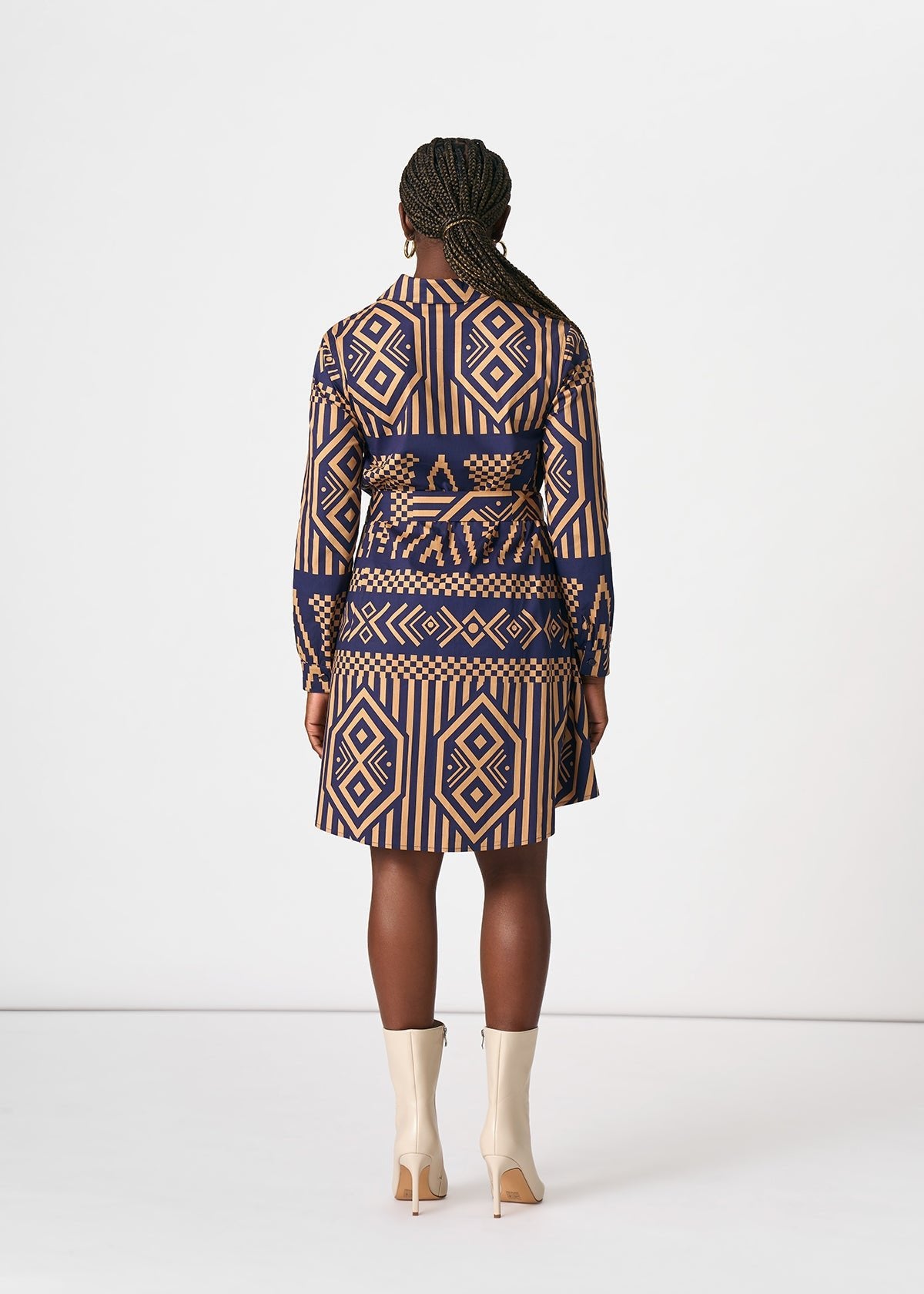 Kianga Women's African Print Shirt Dress (Navy Tan Tribal) - D'IYANU