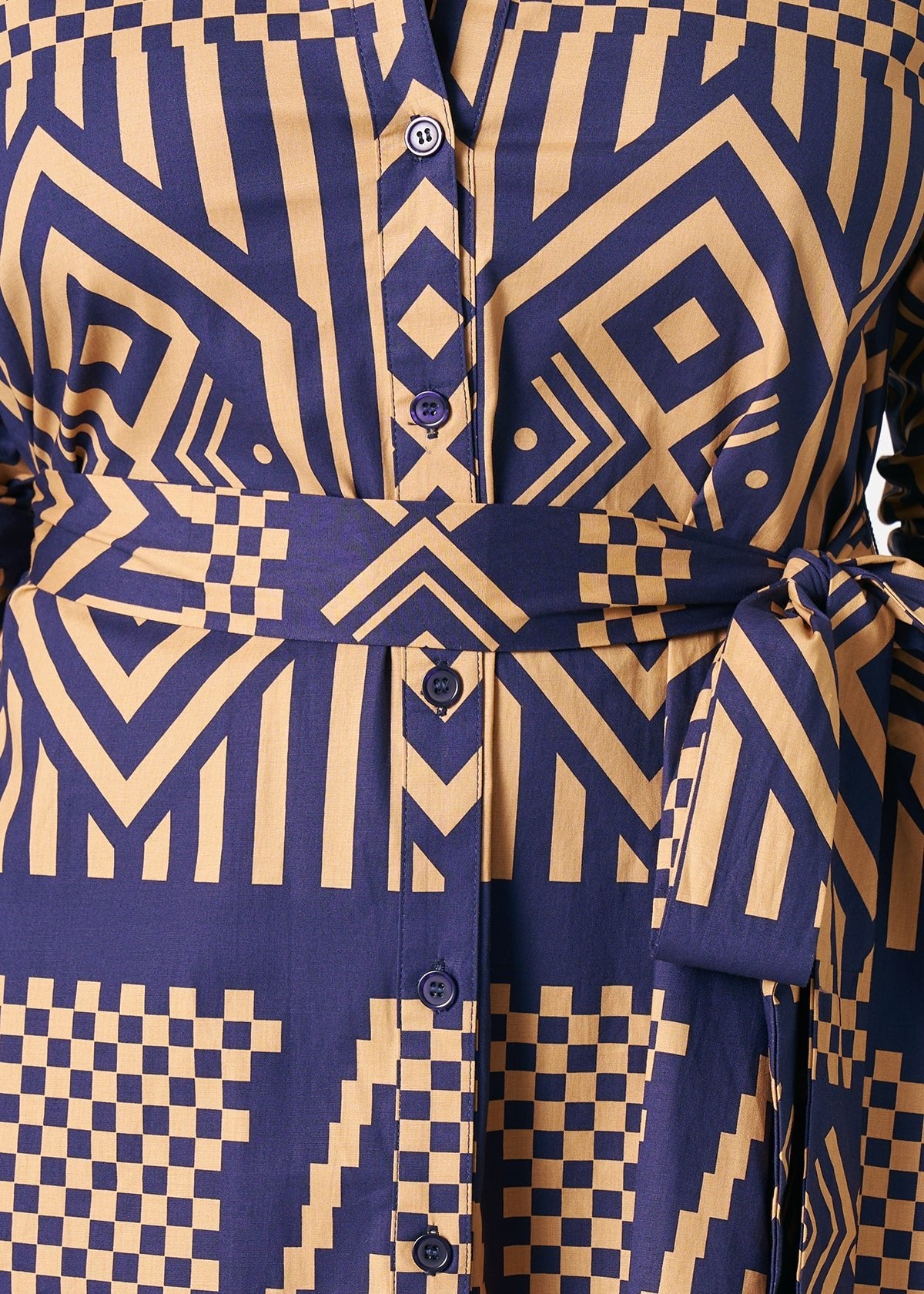 Kianga Women's African Print Shirt Dress (Navy Tan Tribal) - D'IYANU