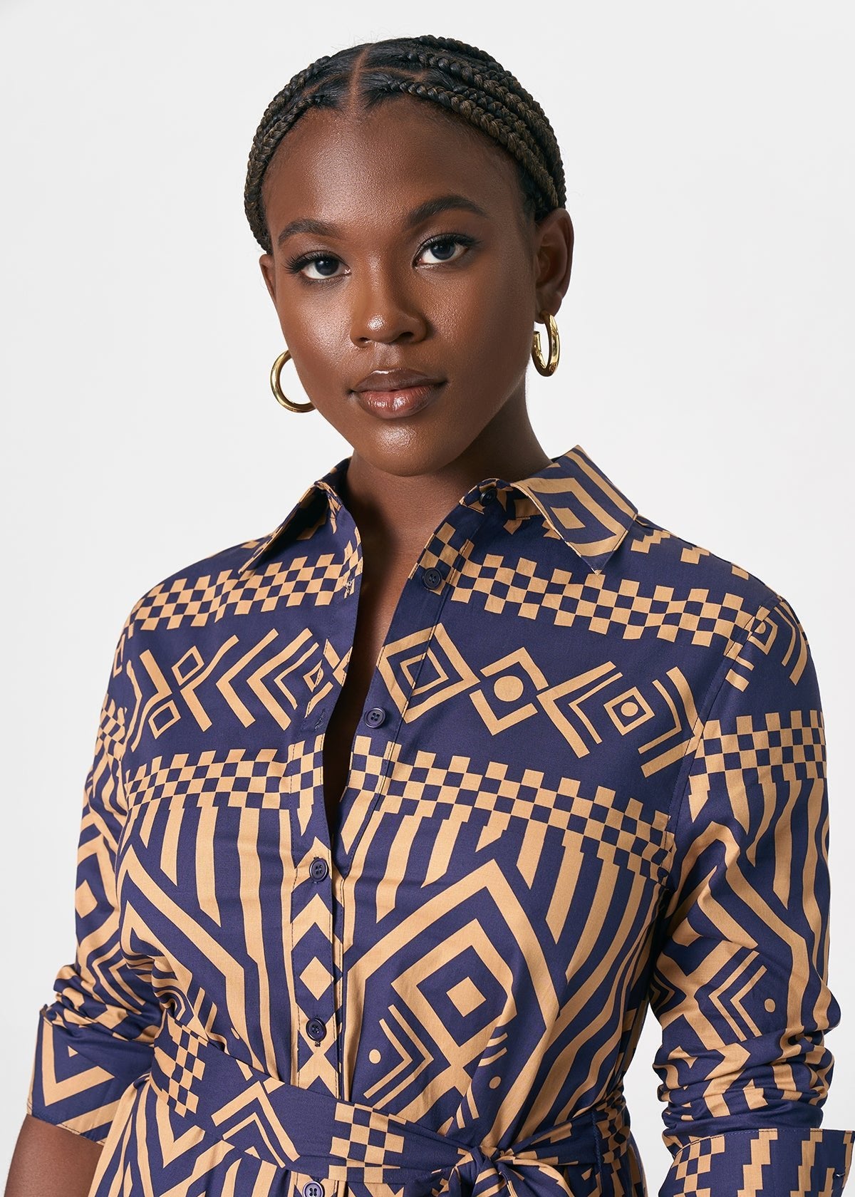 Kianga Women's African Print Shirt Dress (Navy Tan Tribal) - D'IYANU