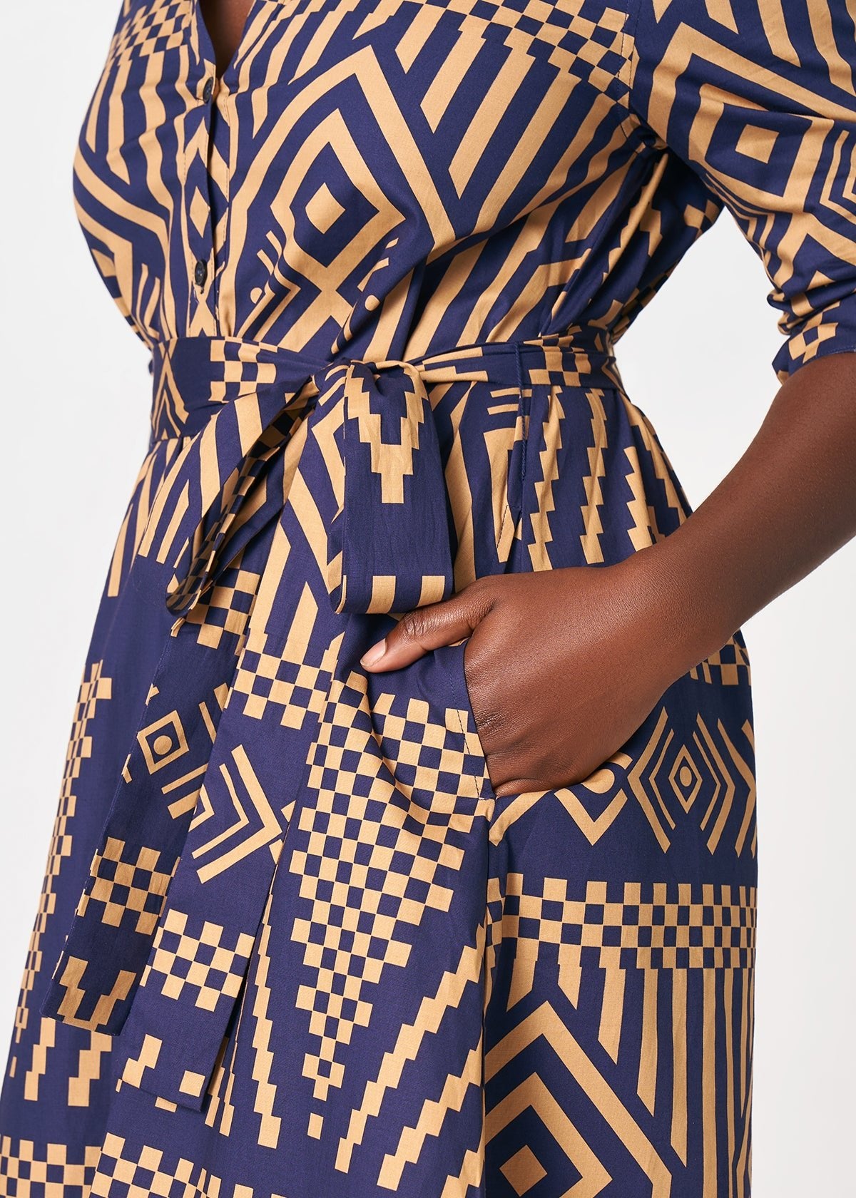 Kianga Women's African Print Shirt Dress (Navy Tan Tribal) - D'IYANU