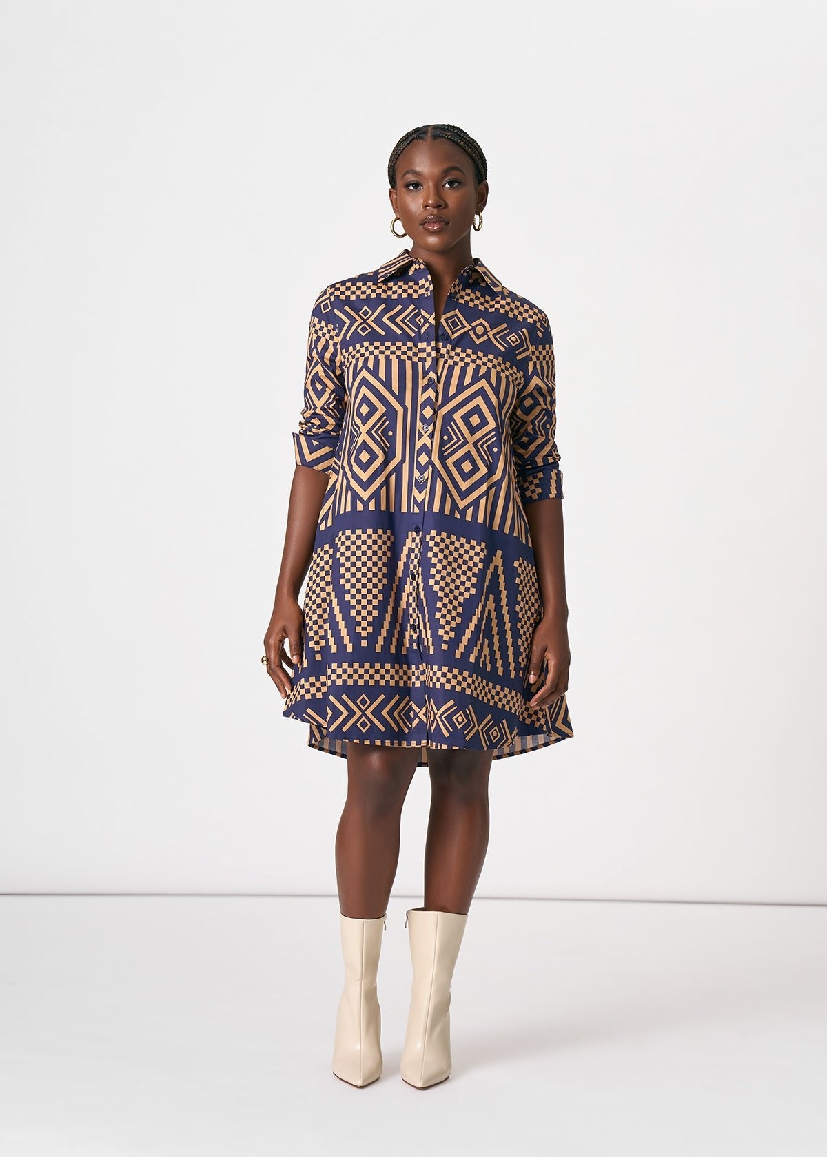 Kianga Women's African Print Shirt Dress (Navy Tan Tribal) - D'IYANU