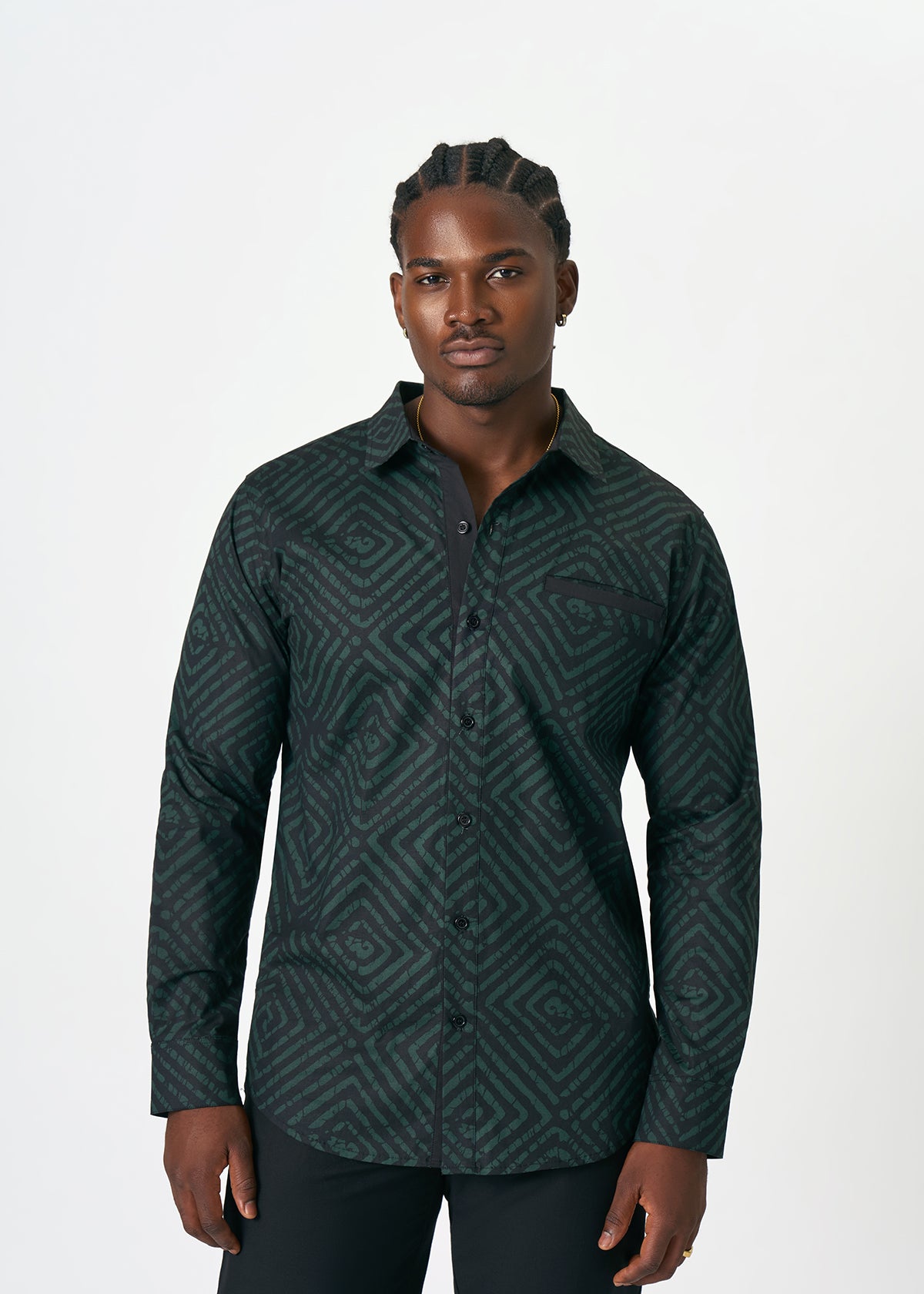 Mazi Men's African Print Button-Up Shirt (Malachite Diamond Adire) - D'IYANU