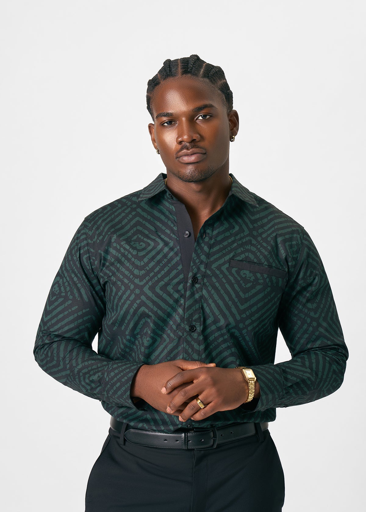 Mazi Men's African Print Button-Up Shirt (Malachite Diamond Adire) - D'IYANU