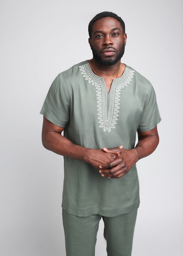 Izibili Men's African Embroidered Linen Tunic Shirt (Olive)