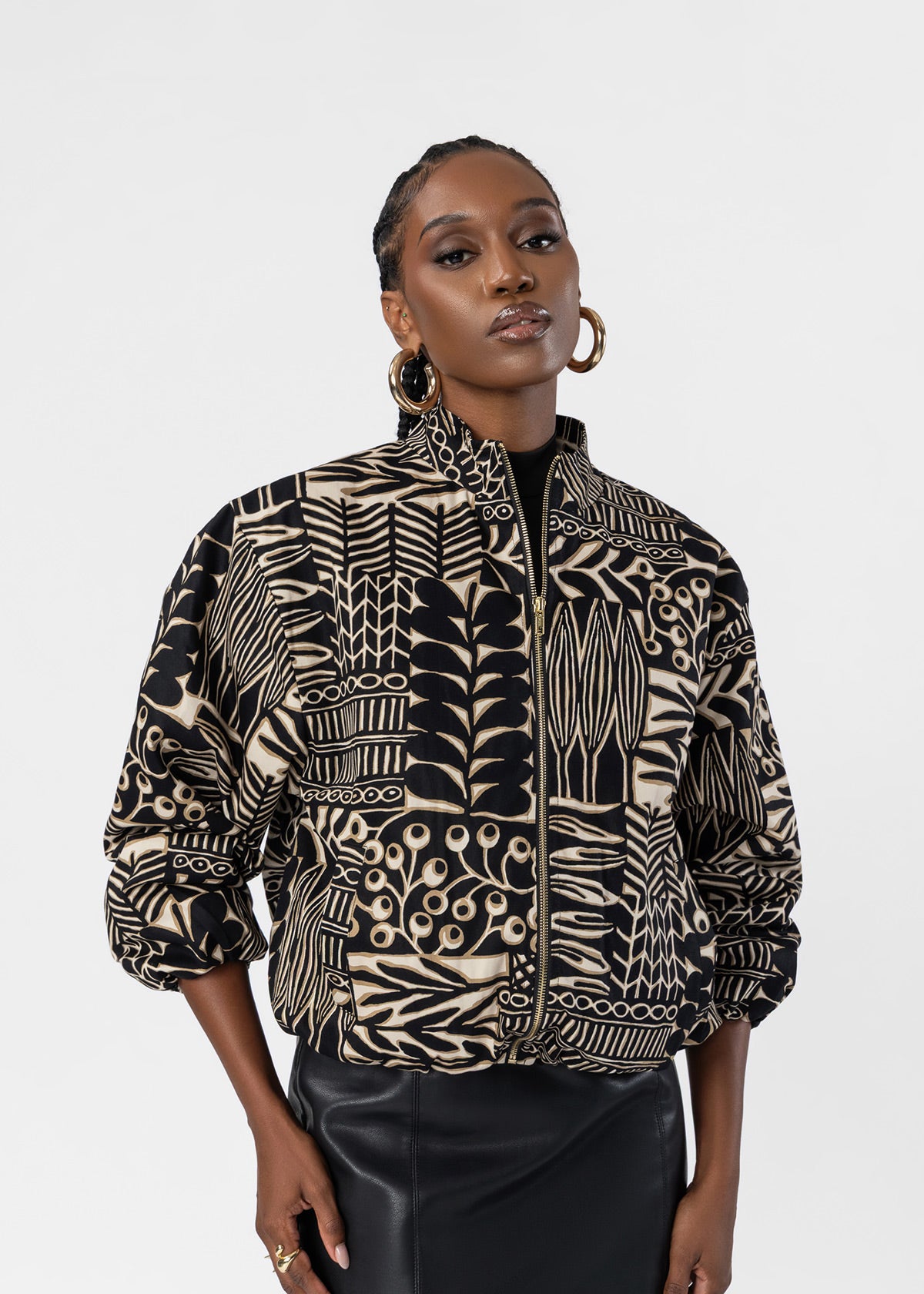 Mona Womens African Print Cropped Bomber (Ebony Tan Botanic)