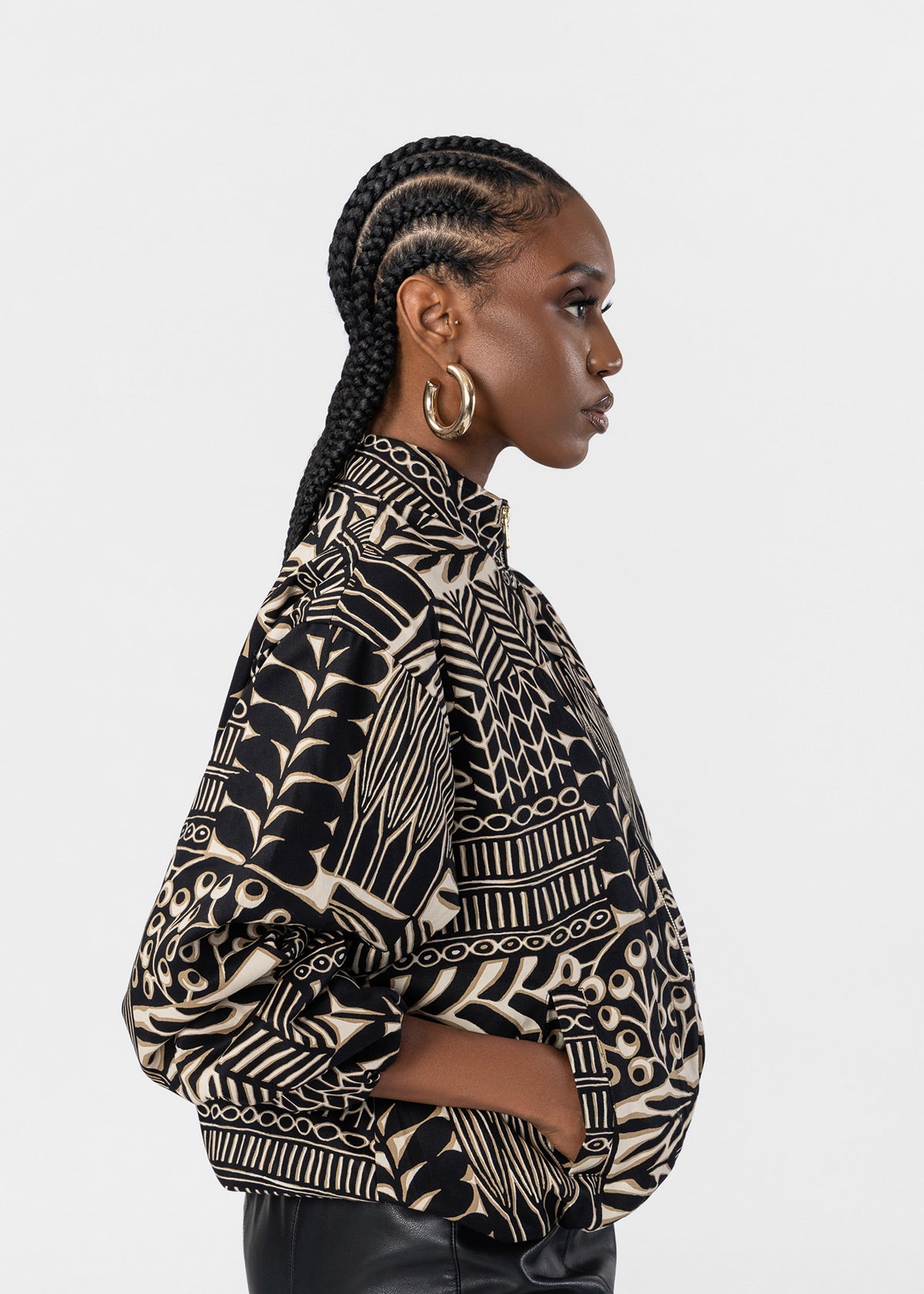 Mona Womens African Print Cropped Bomber (Ebony Tan Botanic)