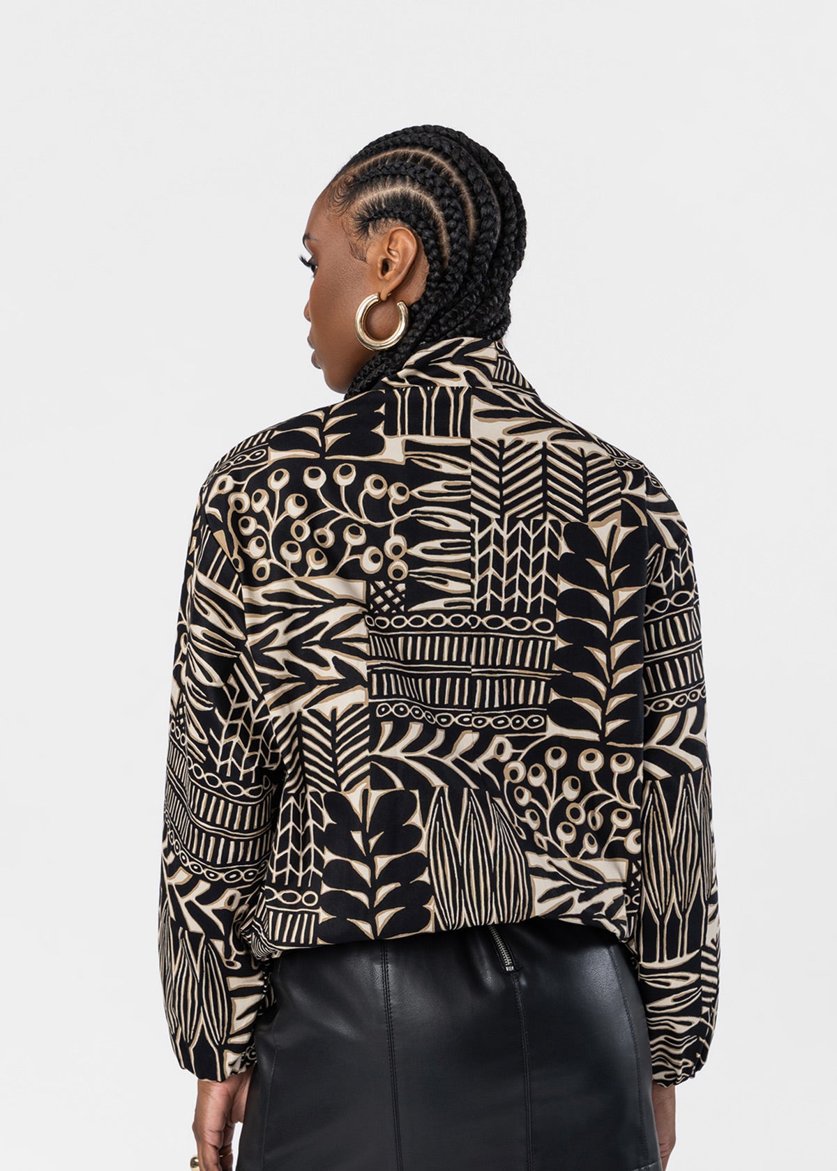 Mona Womens African Print Cropped Bomber (Ebony Tan Botanic)