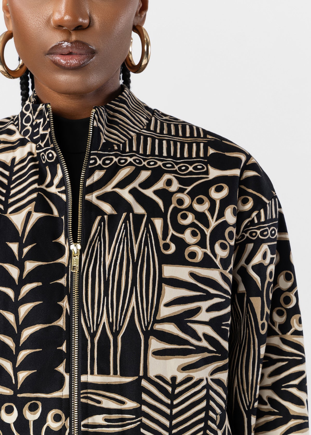 Mona Womens African Print Cropped Bomber (Ebony Tan Botanic)