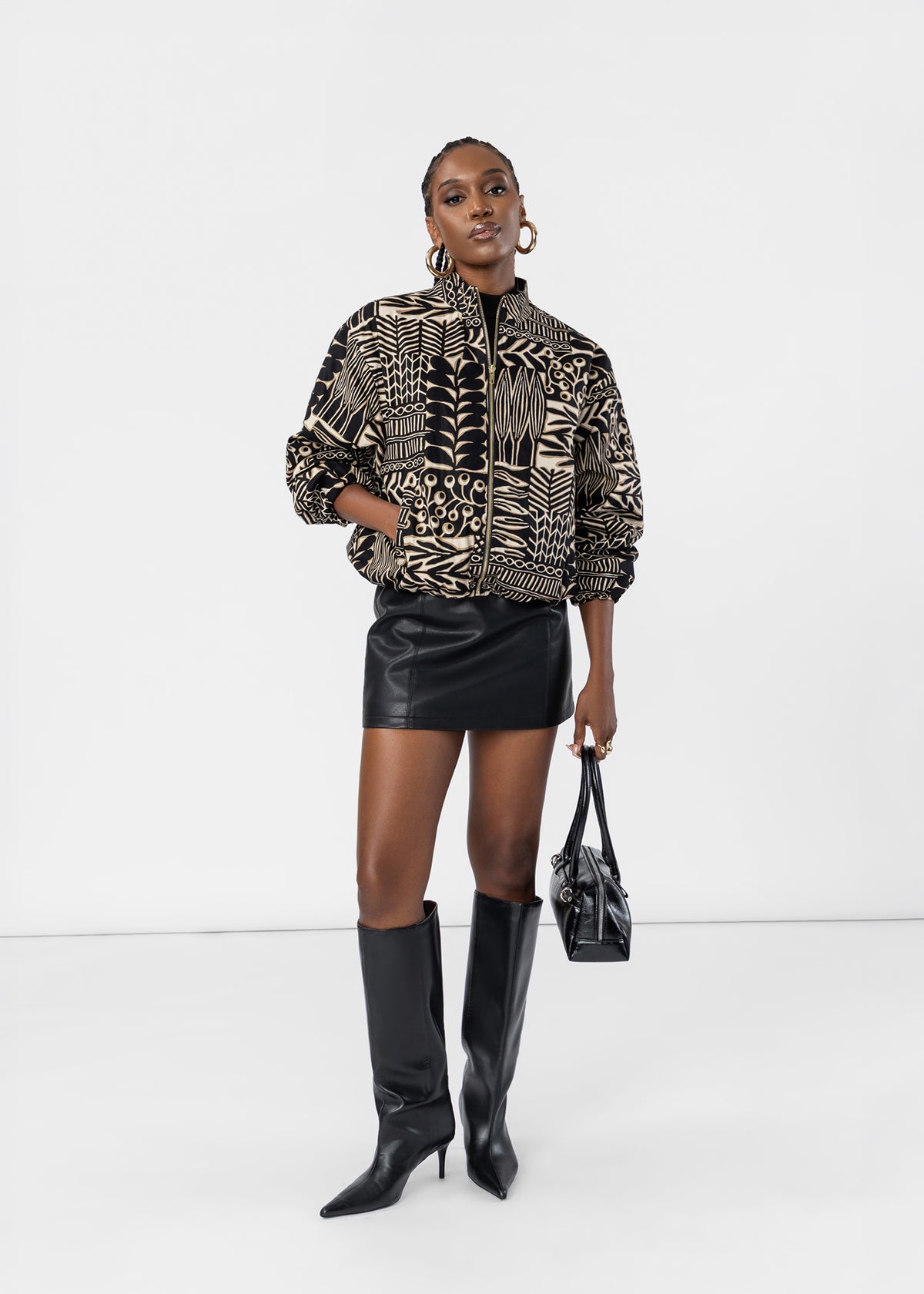 Mona Womens African Print Cropped Bomber (Ebony Tan Botanic)