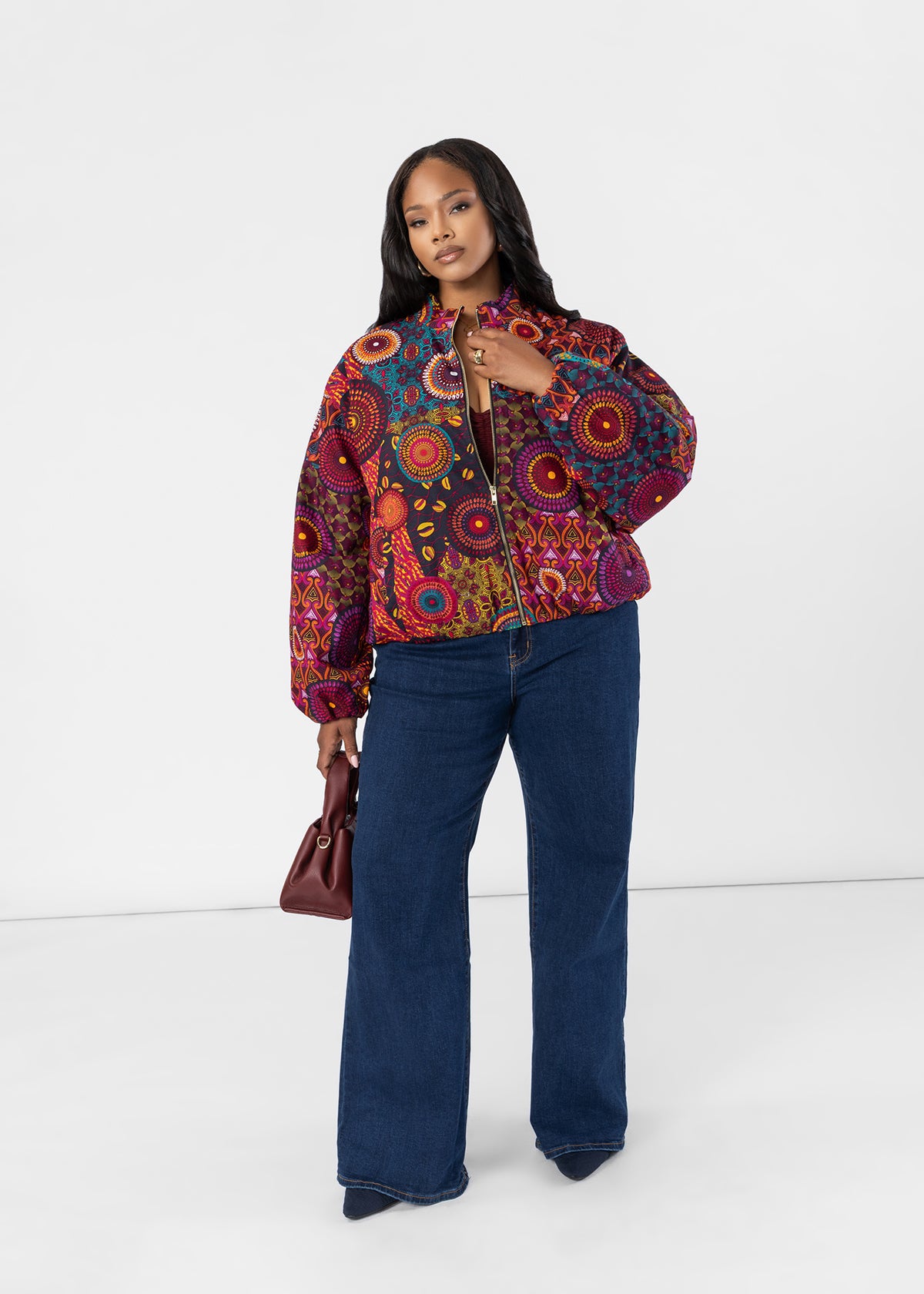 Mona Women's African Print Cropped Bomber (Navy Bohemian Multipattern)