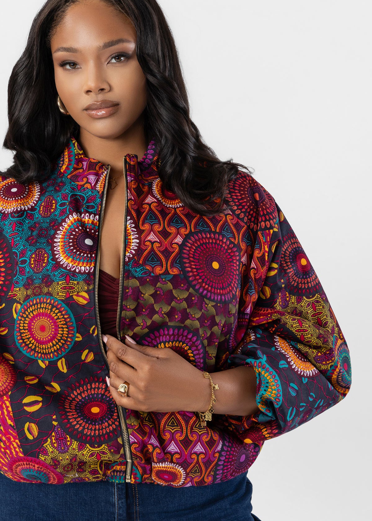Mona Women's African Print Cropped Bomber (Navy Bohemian Multipattern)