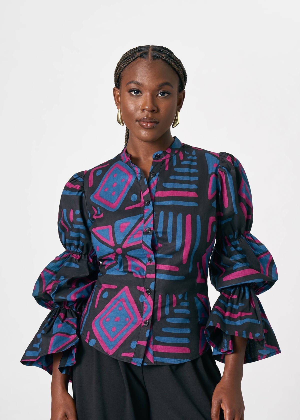 Nikenna Women's African Print Ankara Blouse (Black Teal Tribal) - D'IYANU