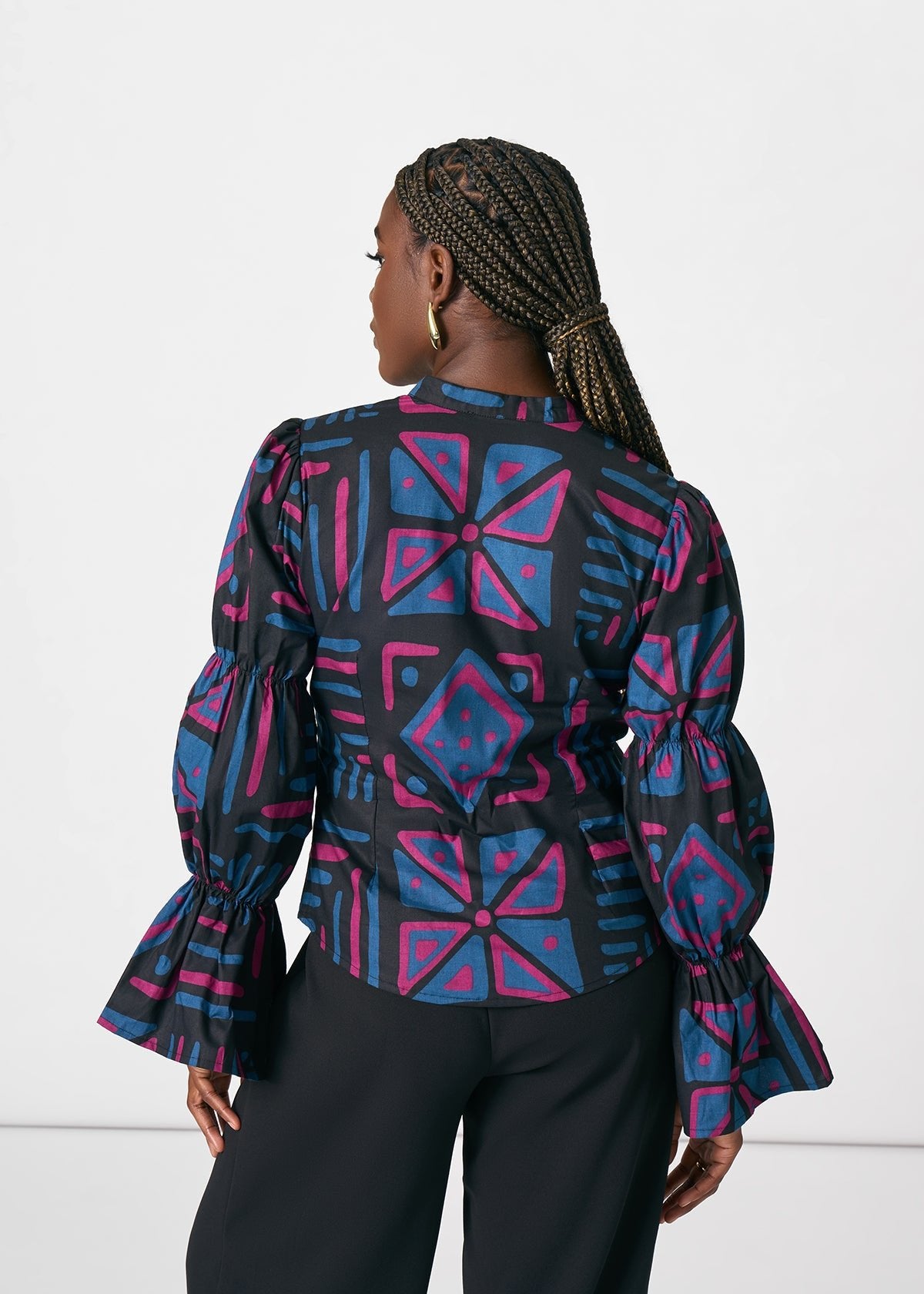 Nikenna Women's African Print Ankara Blouse (Black Teal Tribal) - D'IYANU