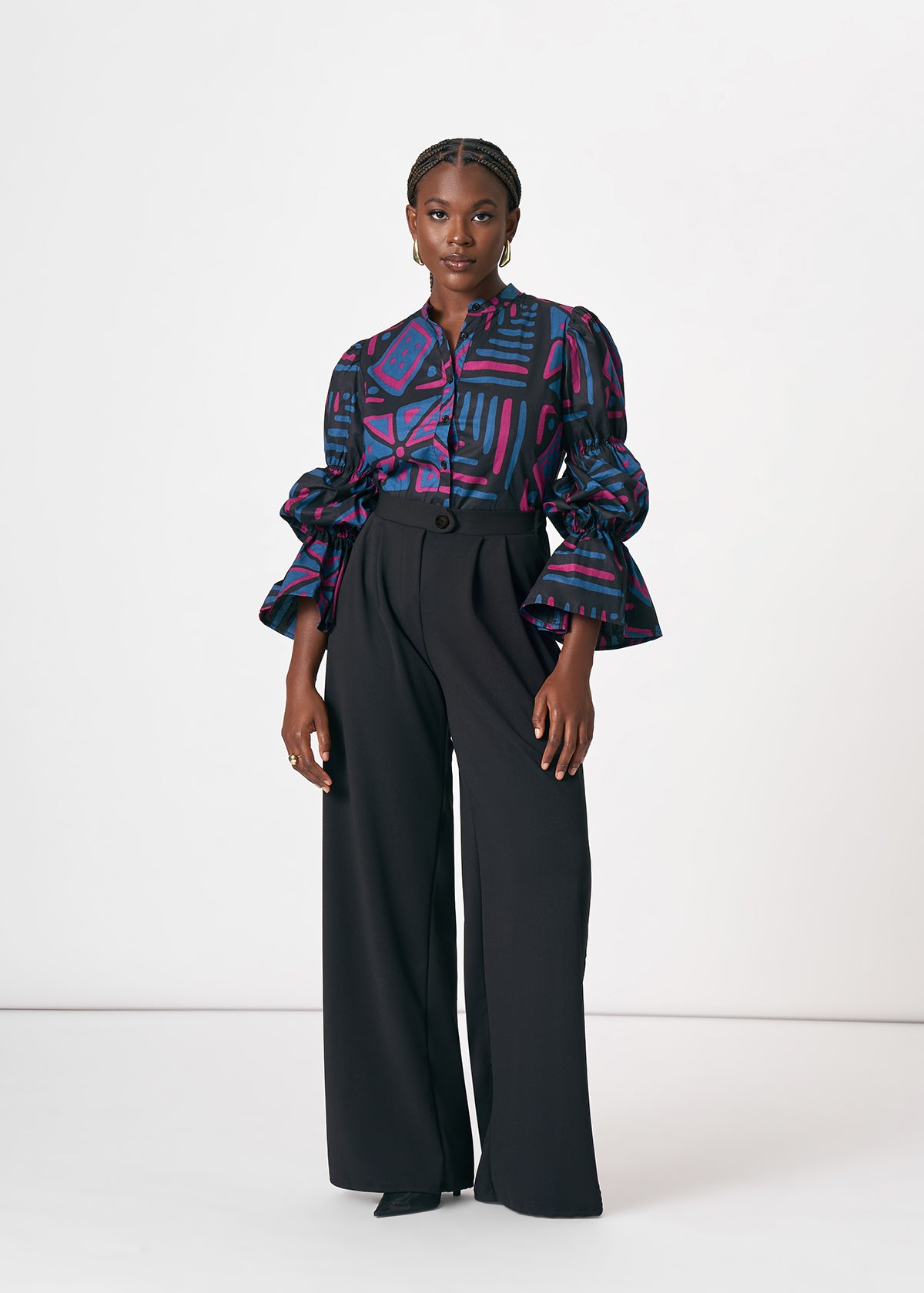 Nikenna Women's African Print Ankara Blouse (Black Teal Tribal) - D'IYANU