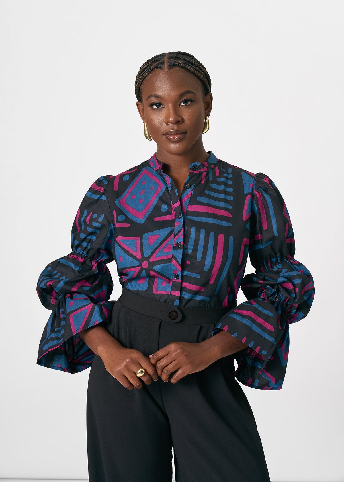 Nikenna Women's African Print Ankara Blouse (Black Teal Tribal) - D'IYANU