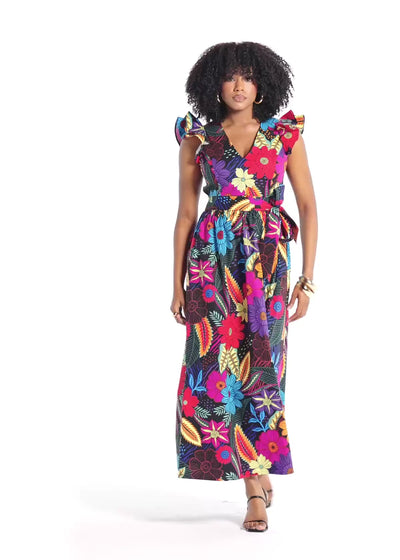 Saleema Women's African Print Maxi Dress (Black Tropical Floral)
