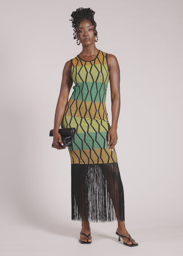 Danai Women's African Print Jersey Fringe Tank Dress (Multi Diamond Stripe)