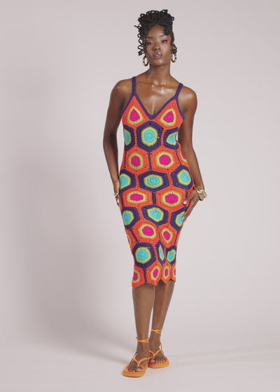Ifa Women's Crochet Dress (Orange Navy Mod)
